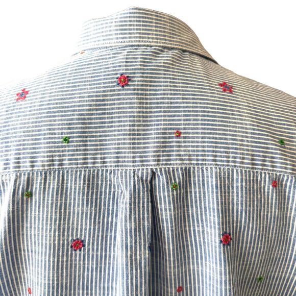 GAP Women's Blue Cotton Chambray Stripe Top Embroidery Long Sleeve Sz L - Picture 6 of 9